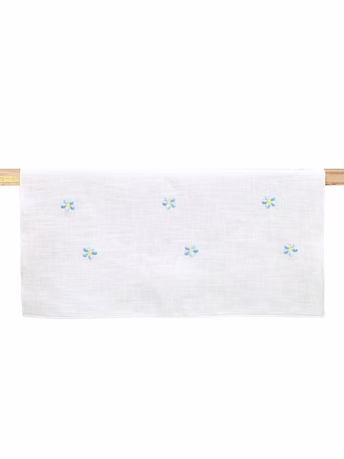 Runner Lino Bianco con Margheritine Azzurre Ricamate Pratoline