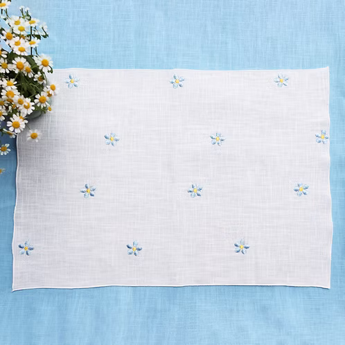 Placemat Tovaglietta in Lino Bianco Ricamata con Margherite Azzurre Set of 8
