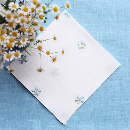 Napkin Tovagliolo Lino Bianco ricamato con Margherite Azzurre Set of 8