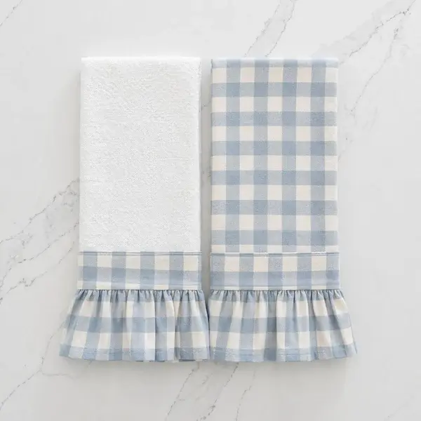 Coastal Blue Check Ruffled Kitchen Towels (Set of 2)