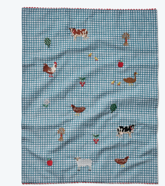 Gingham Country Farm Embroidered Tea Towel