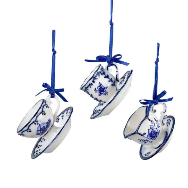 Delft Blue Cup And Saucer Ornaments, Set of 3 Assorted