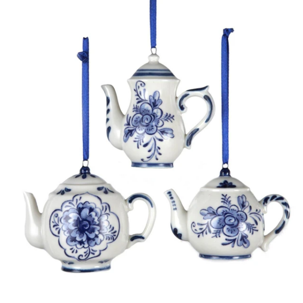 Delft Blue Teapot Ornaments, Set of 3 Assorted