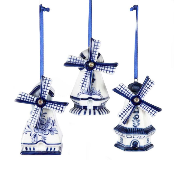 Delft Blue Windmill Ornaments, Set of 3 Assorted