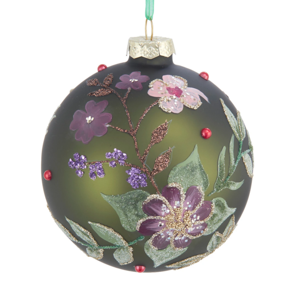 Glass Green Flower Ball Ornament Set of 4