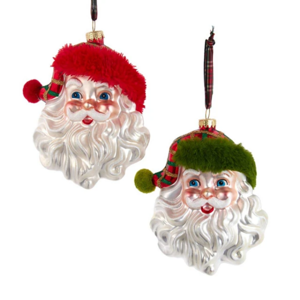 Glass Red & Green Plaid Santa Head Ornaments, Set of 2 Assorted