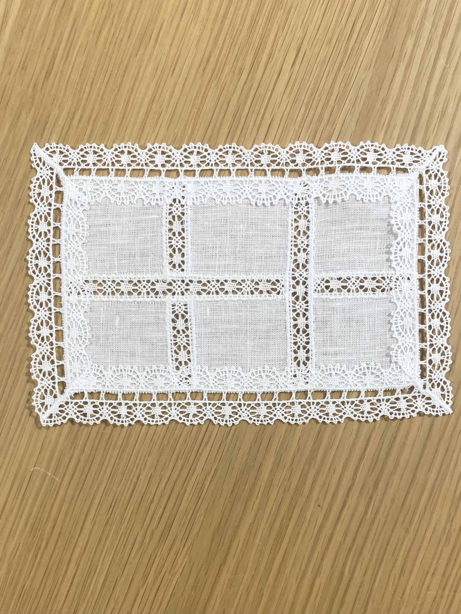 Rectangular Tray Towel With Lace Intertersed In The Piece 18 x 12 CM