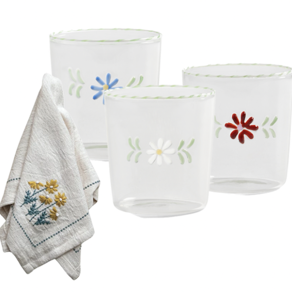 Set Glass Flora / Cotton Napkins Embroidery Flowers