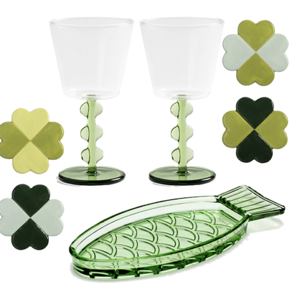 Set Wine Glass Petal / Coaster Lucky Clover / Dish Transparent Green Fish
