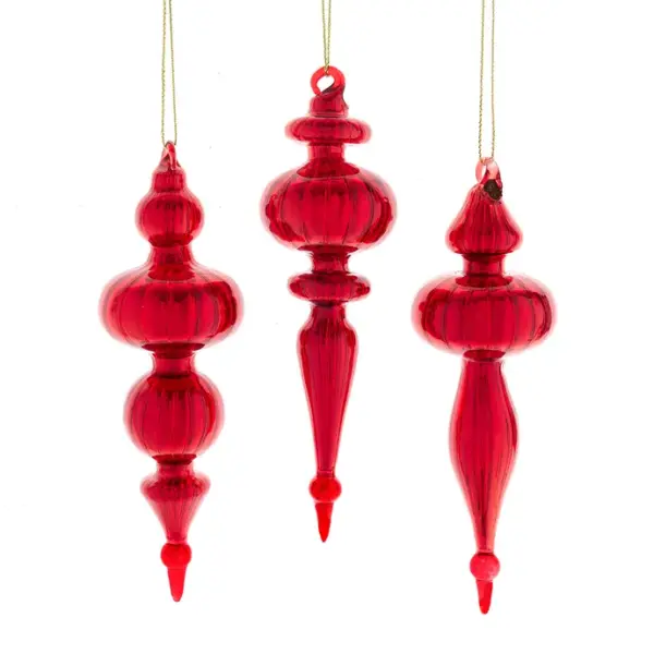 Glass Red Finial Ornaments, Set Of 3 Assorted