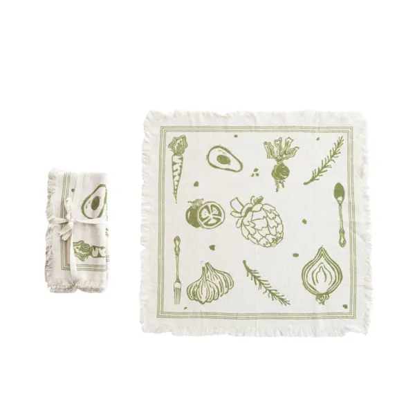 Cotton & Linen Printed Napkins w/ Vegetables, Cutlery & Fringe, Set of 4