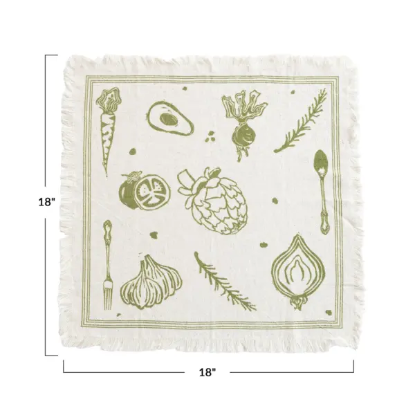 Cotton & Linen Printed Napkins w/ Vegetables, Cutlery & Fringe, Set of 4 - Imagen 3