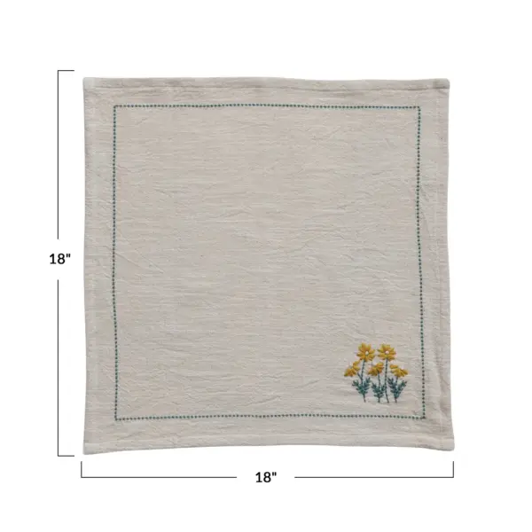 Cotton Napkins w/ Hand-Embroidery, Flowers & French Knots, Set of 4 - Imagen 3