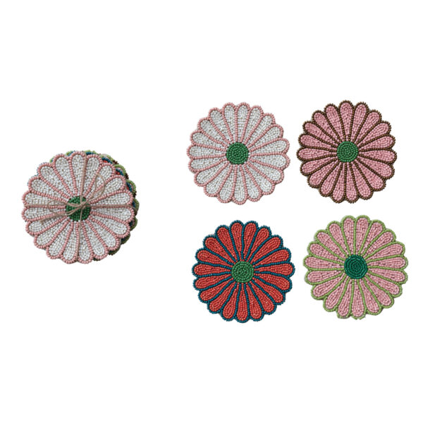 Glass Beaded Flower Shaped Coasters Set of 4 Tied with Jute