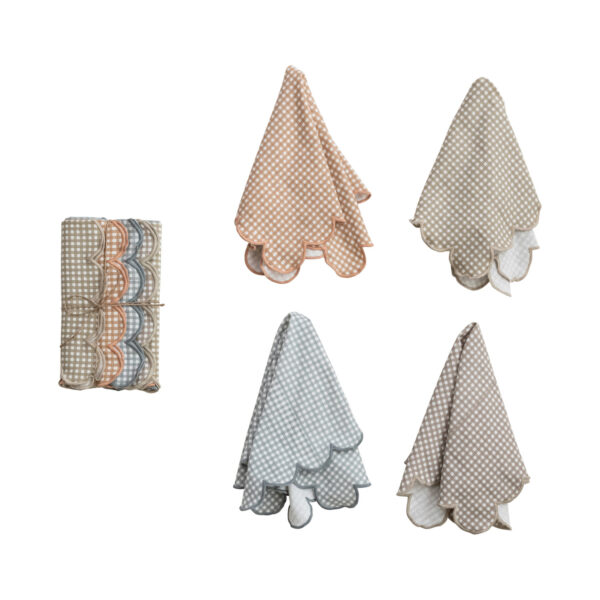 Cotton Printed Scalloped Napkins W / Check Pattern & Stitched Edge Set of 4 Tied W / Jute