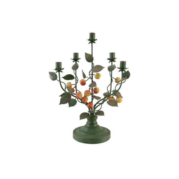 Hand-Painted Metal Vintage Reproduction Toleware Candelabra with Crabapples Holds 5 Tapers