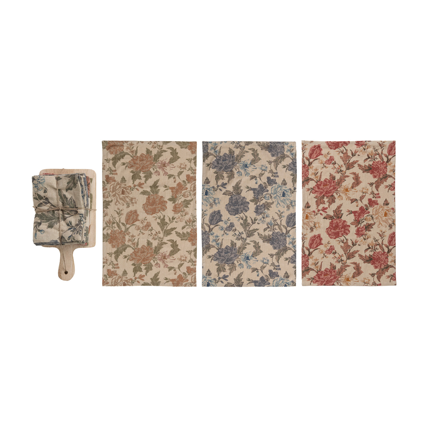 (3) Cotton Chambray Tea Towels & (1) Mango Wood Board Set
