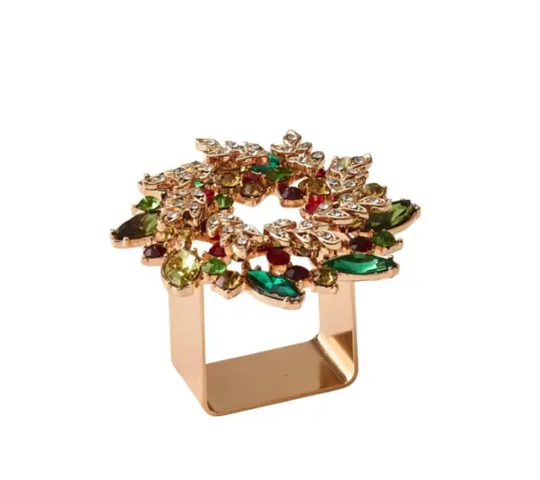 Gem Wreath Napkin Rings in Red, Green, & Gold, Set of 4 in a Gift Box