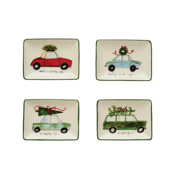 Stoneware Dish with Car and Holiday Saying, Multi Color, 4 Styles