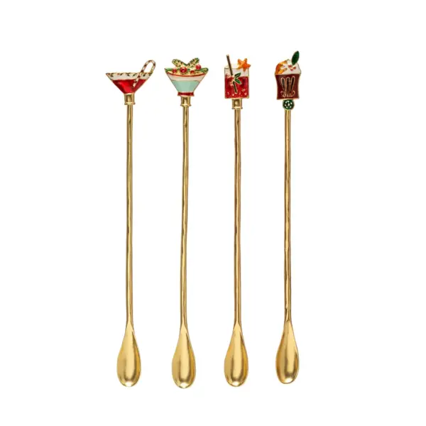 Zinc Alloy Cocktail Spoon w/ Enameled Beverage Icon Handle, Multi Color, Set of 2