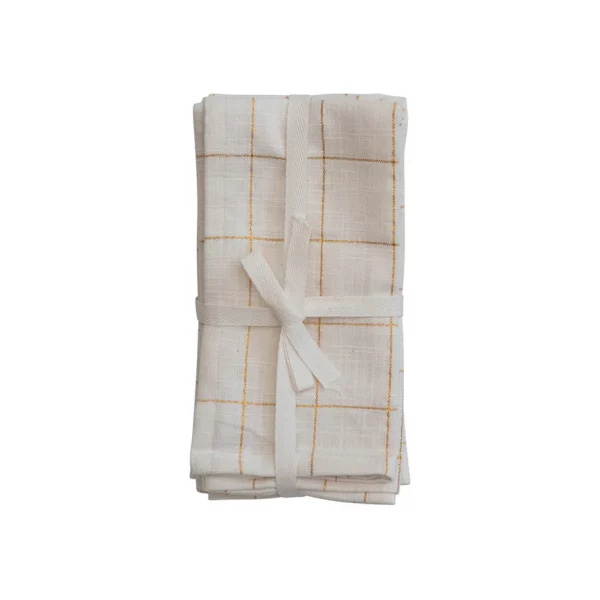 Square Cotton Napkins Grid Pattern & amp Metallic Gold Thread, Set of 4