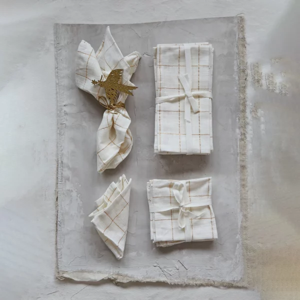 Square Cotton Napkins Grid Pattern & amp Metallic Gold Thread, Set of 4 - Imagen 3