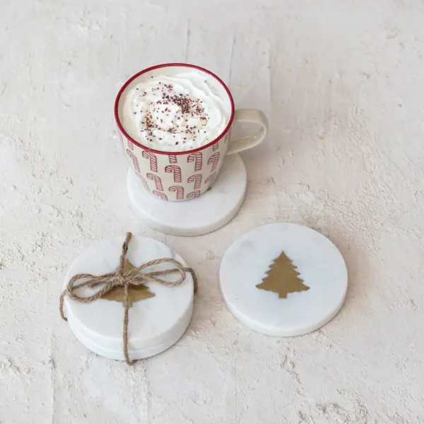 Marble Coasters w/ Brass Tree Inlay White Set of 4 - Imagen 2