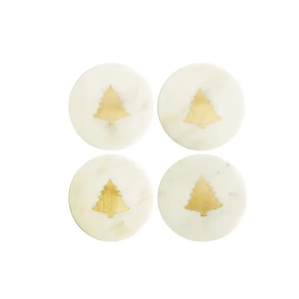 Marble Coasters w/ Brass Tree Inlay White Set of 4