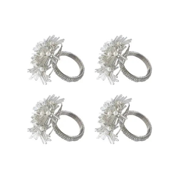 Glass Beaded Metal Floral Napkin Rings Silver Finish Set of 4
