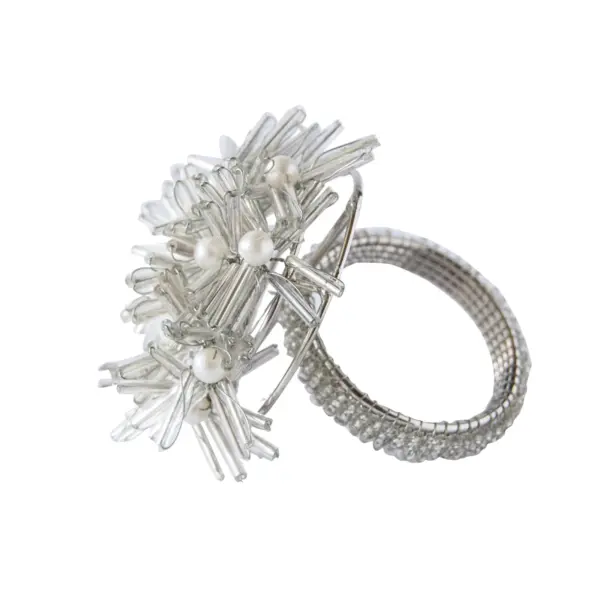 Glass Beaded Metal Floral Napkin Rings Silver Finish Set of 4 - Imagen 3