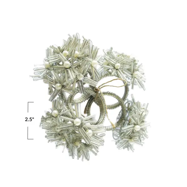 Glass Beaded Metal Floral Napkin Rings Silver Finish Set of 4 - Imagen 5
