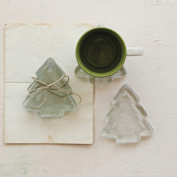 Pressed Glass Tree Shaped Coasters Set of 4 Tied with Jute