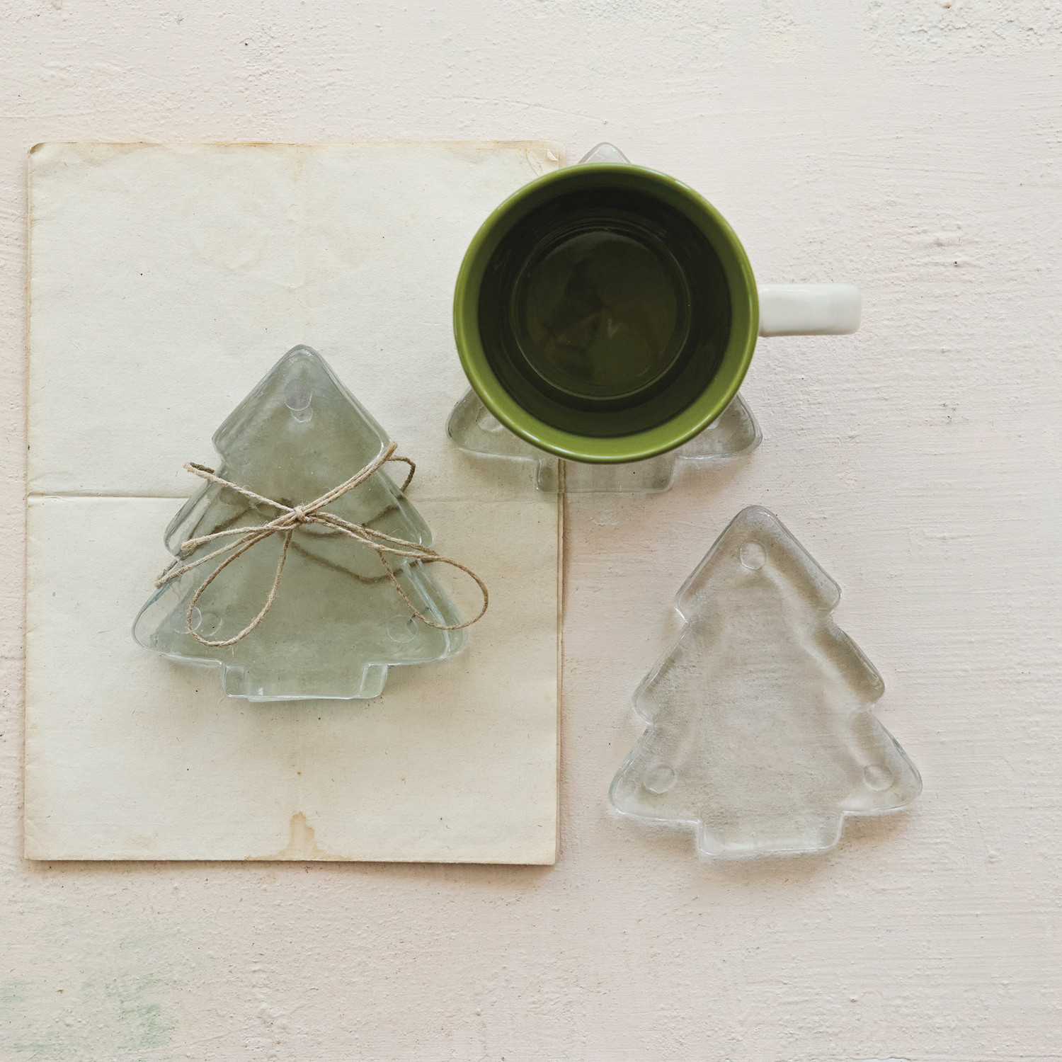 Pressed Glass Tree Shaped Coasters Set of 4 Tied with Jute