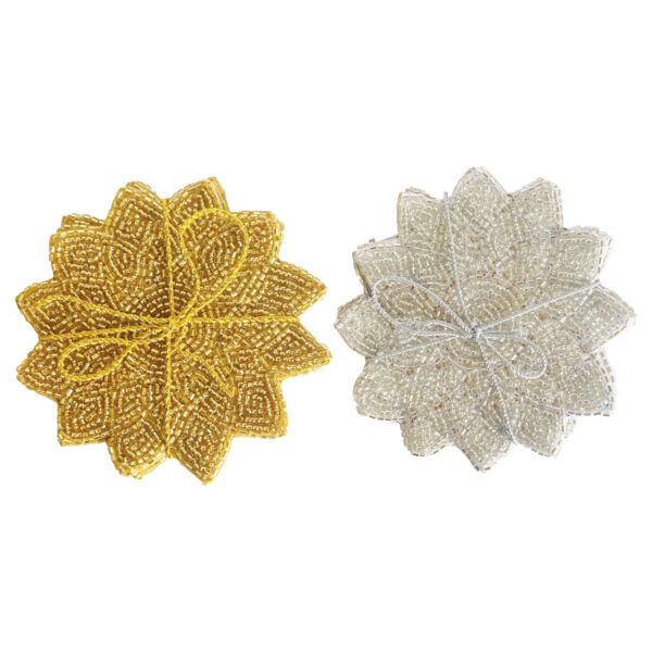Handmade Beaded Cotton Coasters Set of 4 Tied with Metallic Cord 2 Colors